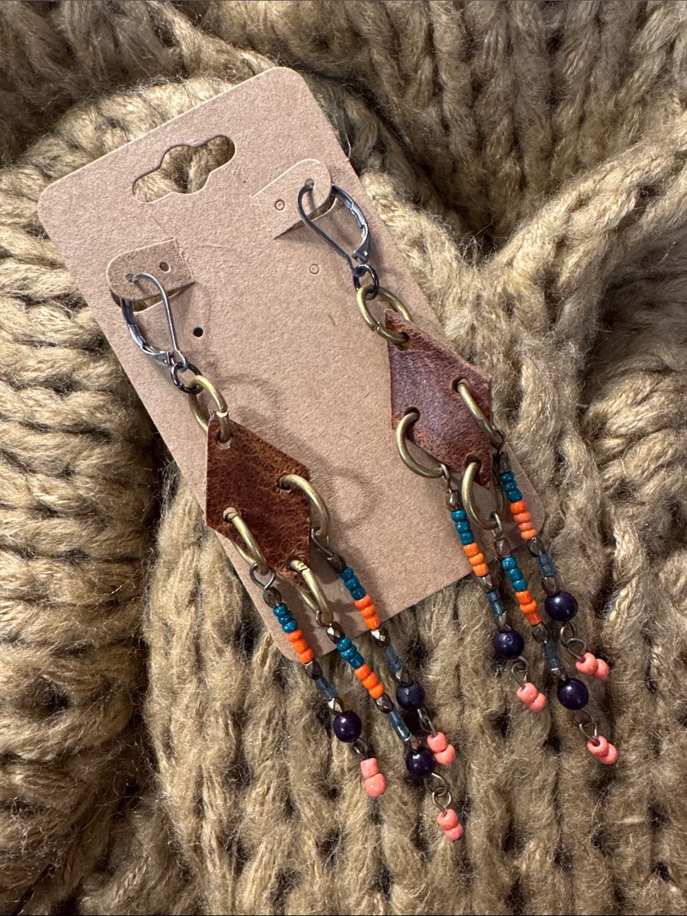 Handmade Brown Leather Beaded Dangle Earrings – Turquoise & Orange Accents